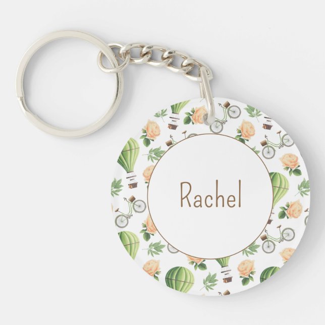 Hot Air Balloon, Bike & Rose Pattern Personalized Keychain (Front)