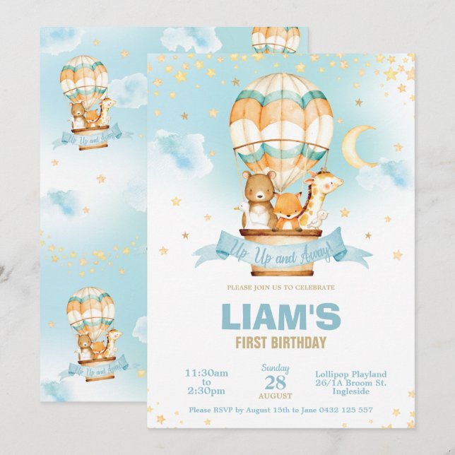 Hot Air Balloon Birthday Boy Cute Jungle Animals Invitation (Front/Back)