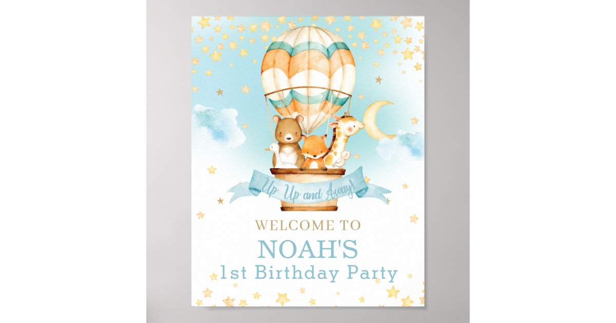 Hot Air Balloon Birthday Cute Animals Welcome Poster | Zazzle