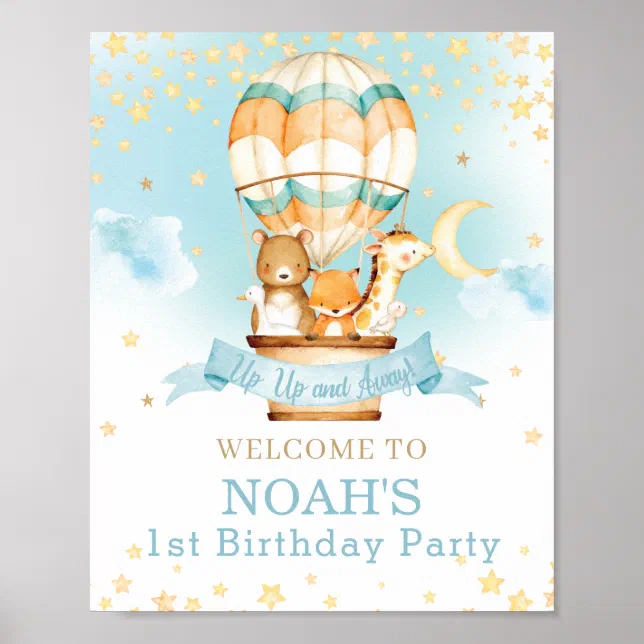 Hot Air Balloon Birthday Cute Animals Welcome Poster | Zazzle