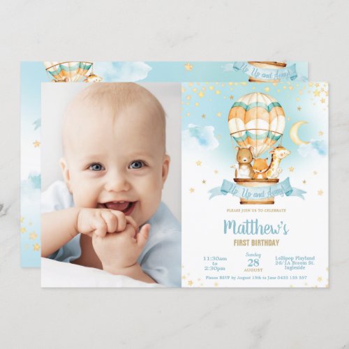 Hot Air Balloon Birthday Cute Baby Animals Photo Invitation