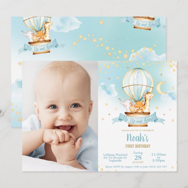 Hot Air Balloon Birthday Cute Jungle Animals Photo Invitation (Front/Back)