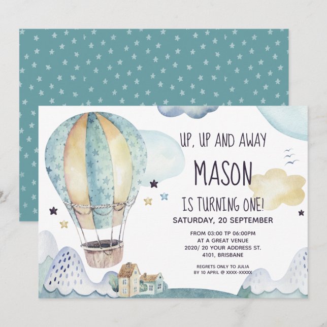 Hot Air Balloon Birthday Invitation (Front/Back)