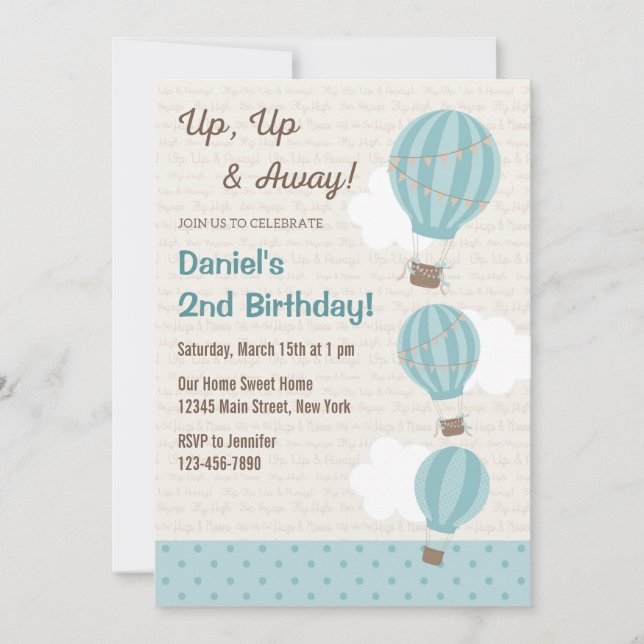 Hot Air Balloon Birthday Invitation (Blue) (Front)