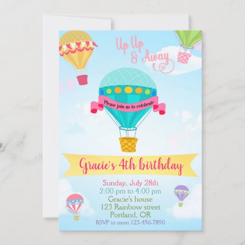 Hot air balloon birthday invitation boy girl party