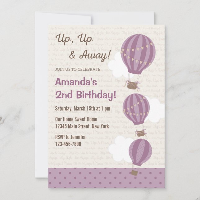 Hot Air Balloon Birthday Invitation (Purple) (Front)