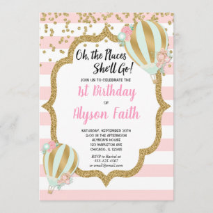 Hot air balloon birthday invitations, pink gold invitation
