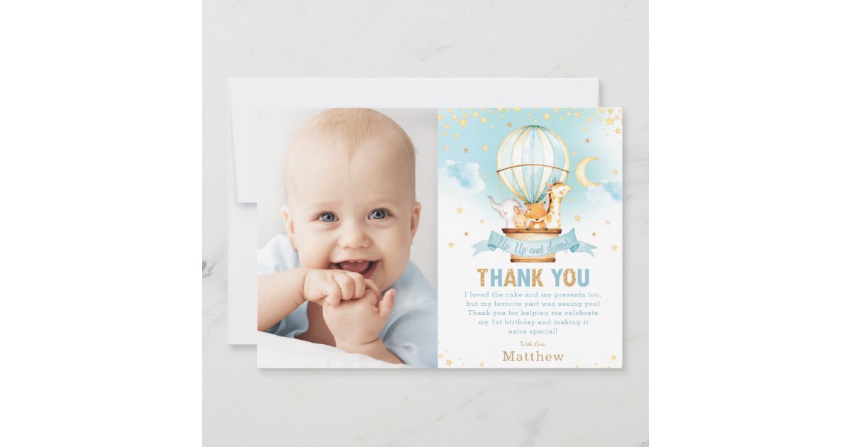 Hot Air Balloon Birthday Jungle Animals Boy Photo Thank You Card | Zazzle