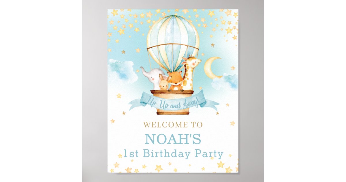 Hot Air Balloon Birthday Jungle Animals Welcome Poster | Zazzle