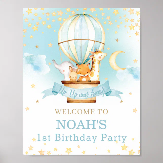 Hot Air Balloon Birthday Jungle Animals Welcome Poster | Zazzle