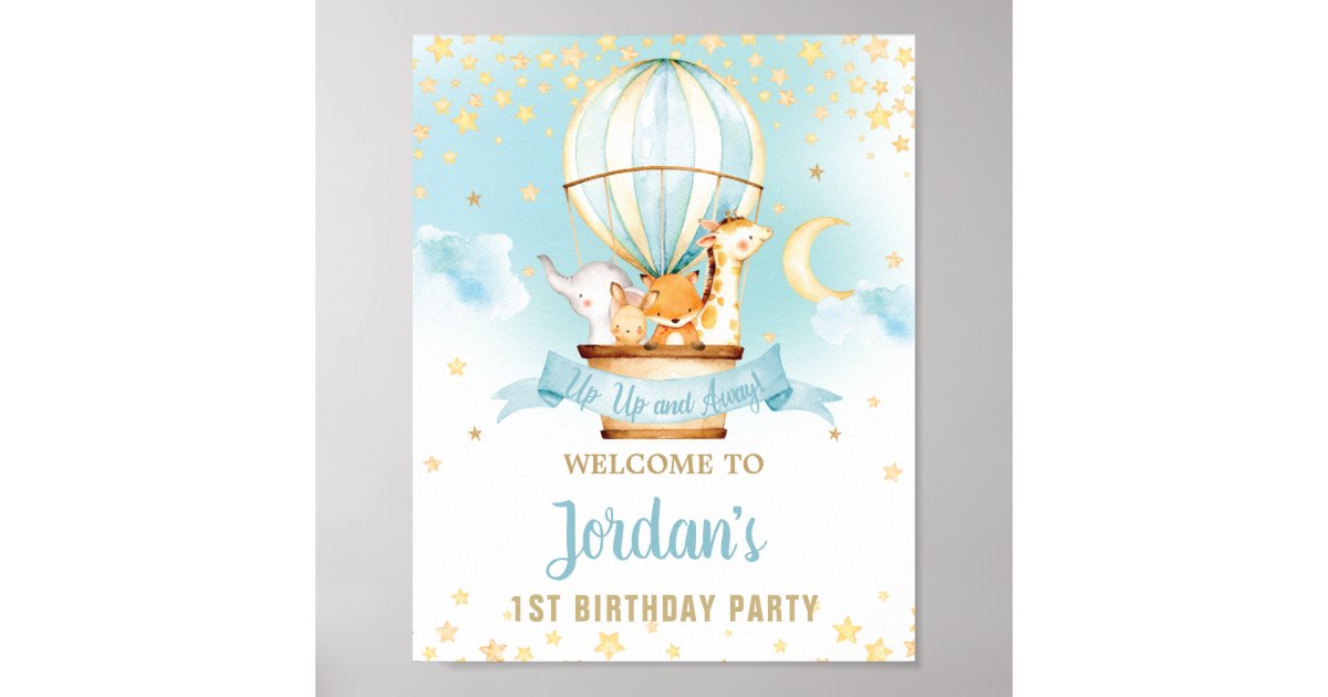 Hot Air Balloon Birthday Jungle Animals Welcome Poster | Zazzle