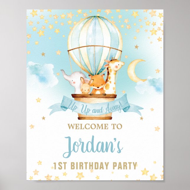 Hot Air Balloon Birthday Jungle Animals Welcome Poster (Front)