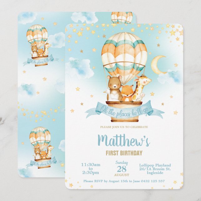 Hot Air Balloon Birthday Party Cute Animals Bear  Invitation (Front/Back)