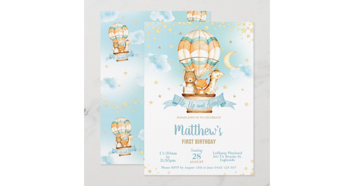 Hot Air Balloon Birthday Party Cute Baby Animals Invitation | Zazzle