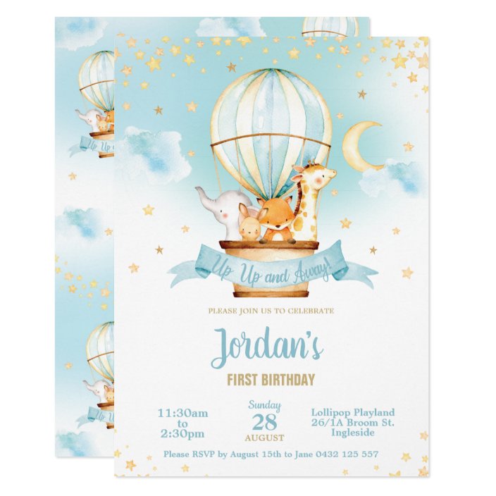 Hot Air Balloon Birthday Party Cute Jungle Animals Invitation Hot Air Balloon Birthday Party Cute