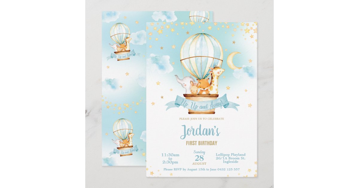 Hot Air Balloon Birthday Party Cute Jungle Animals Invitation | Zazzle