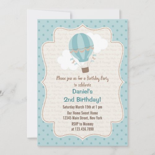 Hot Air Balloon Birthday Party Invitation Blue