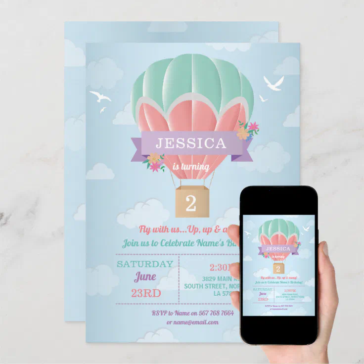 Hot Air Balloon Birthday Party Mint Pink Clouds Invitation | Zazzle