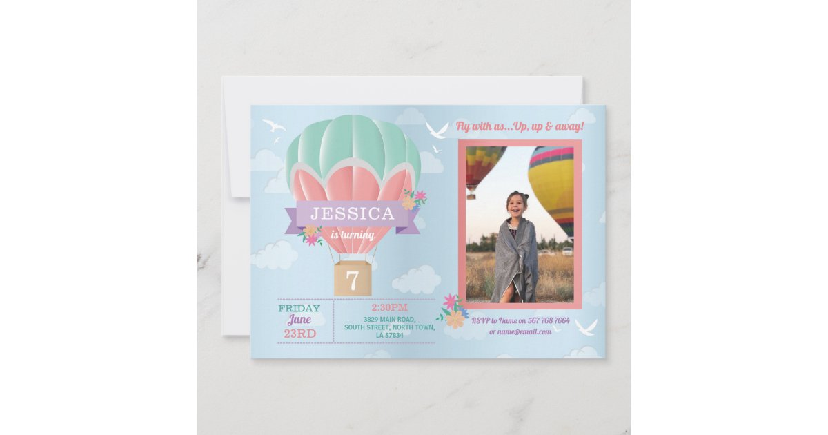 Hot Air Balloon Birthday Party Photo Pink Clouds Invitation | Zazzle