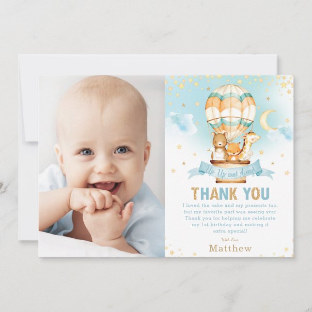 Hot Air Balloon Birthday Woodland Animals Photo Thank You Card (Front)