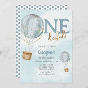 Hot Air Balloon Blue 1st Birthday Invitation
