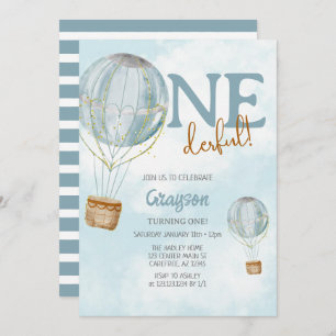 Hot Air Balloon Blue 1st Birthday Invitation