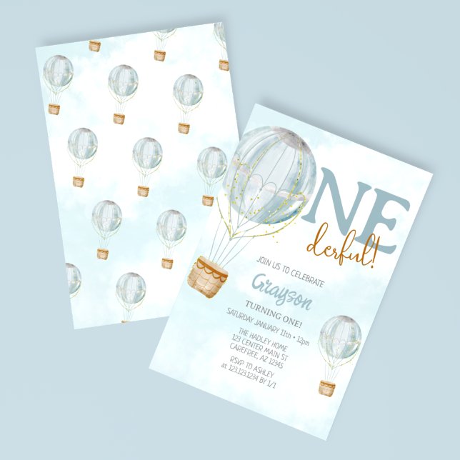 Hot Air Balloon Blue 1st Birthday Invitation (Creator Uploaded)