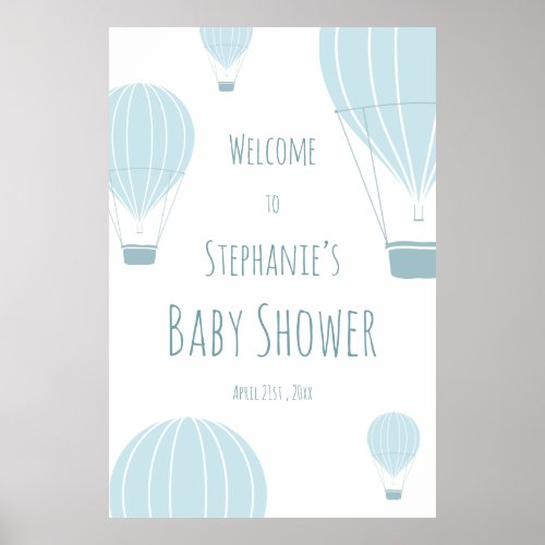 Hot Air Balloon Blue Baby Shower Welcome Poster