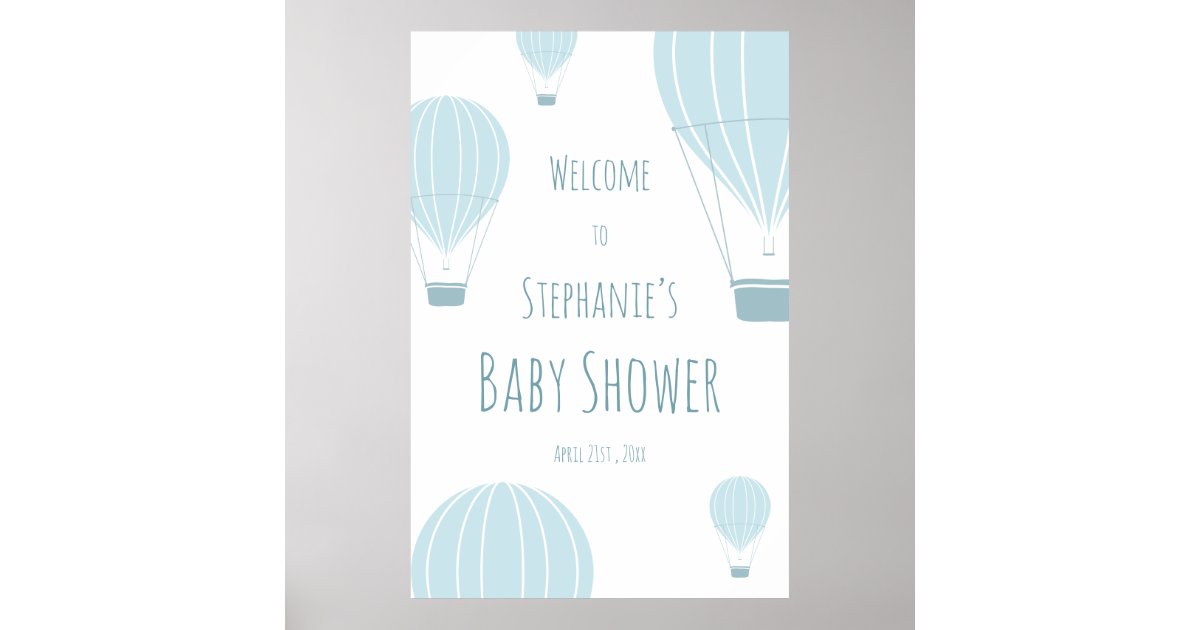 Hot Air Balloon Blue Baby Shower Welcome Poster | Zazzle