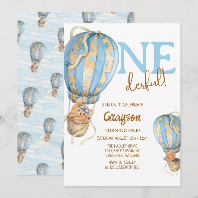 Hot Air Balloon Blue Boho 1st Birthday Invitation (Front/Back)