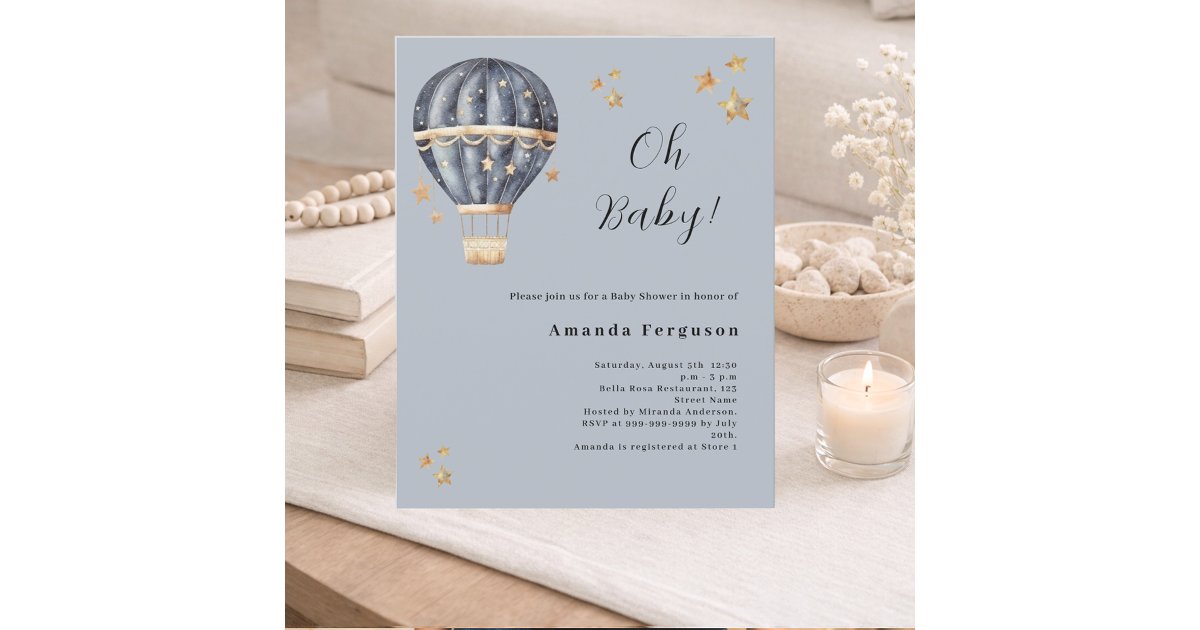 Hot air balloon blue boy Baby Shower invitation | Zazzle