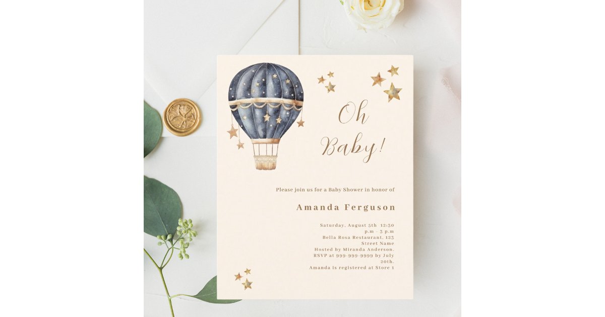 Hot air balloon blue boy Baby Shower invitation | Zazzle