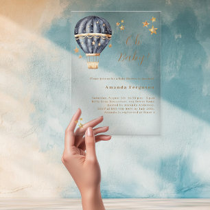 Hot air balloon blue boy stars Baby Shower Acrylic Invitations