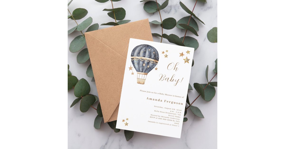 Hot air balloon blue boy stars Baby Shower Invitation | Zazzle