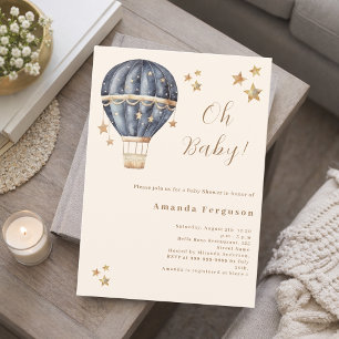 Hot air balloon blue boy stars beige Baby Shower Invitation