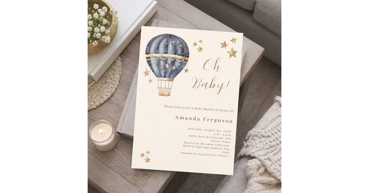 Hot air balloon blue boy stars beige Baby Shower Invitation | Zazzle