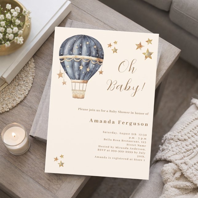 Hot air balloon blue boy stars beige Baby Shower Invitation (Creator Uploaded)