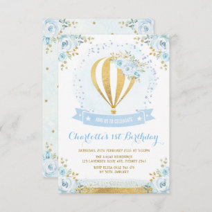 Hot Air Balloon Blue Gold Floral Rose 1st Birthday Invitation