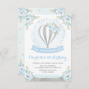 Hot Air Balloon Blue Silver Floral 1st Birthday Invitation