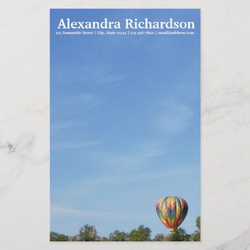 Hot Air Balloon Blue Sky Clouds Trees White Text  Stationery