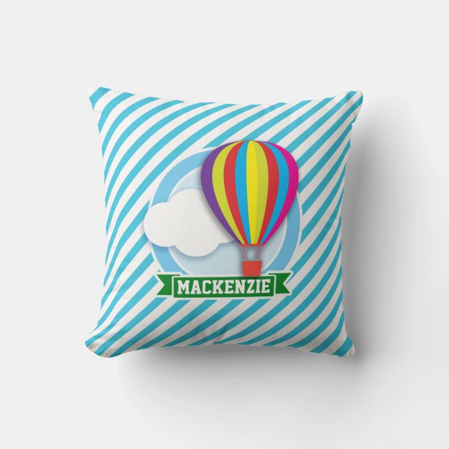 Hot Air Balloon; Blue & White Stripes Throw Pillow (Front)