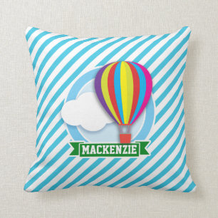Hot Air Balloon; Blue & White Stripes Throw Pillow