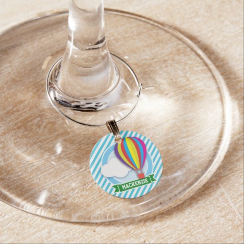 Hot Air Balloon Blue  White Stripes Wine Glass Charm