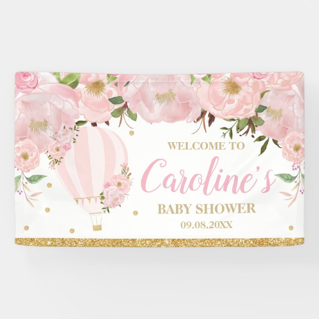 Hot Air Balloon Blush Pink Floral Backdrop Welcome Banner (Horizontal)