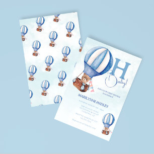 Hot Air Balloon Boho Blue Baby Shower Invitation
