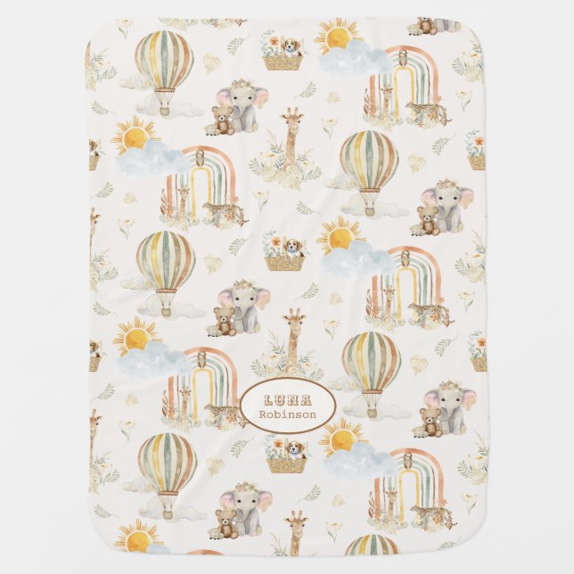 Hot Air Balloon BOHO Giraffe Leopard Elephant Baby Blanket (Front)