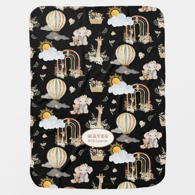 Hot Air Balloon BOHO Giraffe Leopard Elephant Baby Blanket (Front)