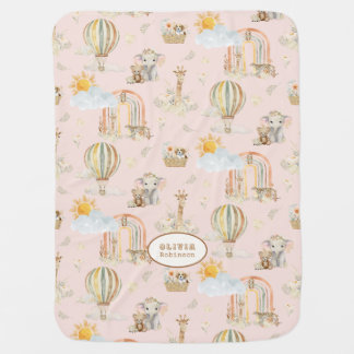 Hot Air Balloon BOHO Giraffe Leopard Elephant Pink Baby Blanket