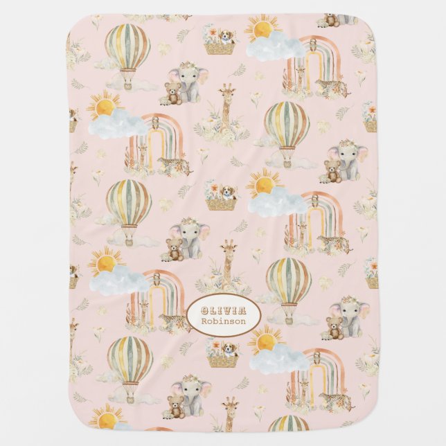 Hot Air Balloon BOHO Giraffe Leopard Elephant Pink Baby Blanket (Front)