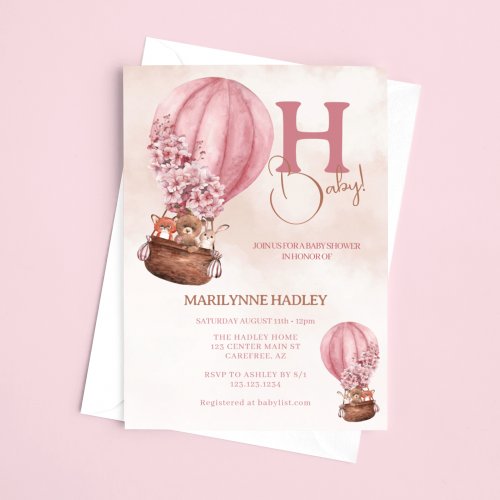 Hot Air Balloon Boho Pink Baby Shower Invitation